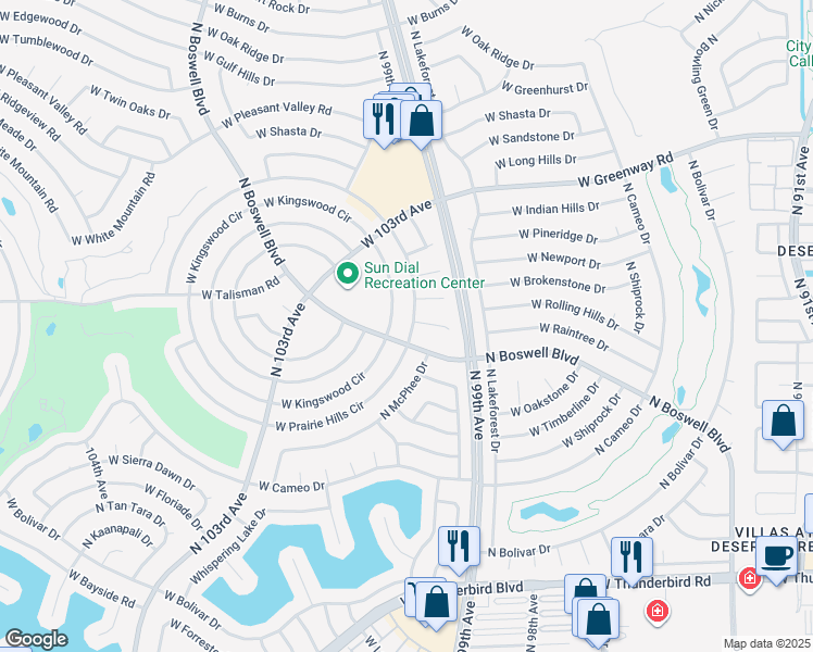 map of restaurants, bars, coffee shops, grocery stores, and more near 10105 W Prairie Hills Cir in Sun City