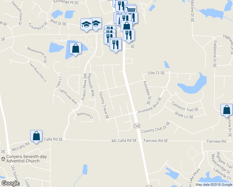 map of restaurants, bars, coffee shops, grocery stores, and more near 2126 Fieldstone View Court Southeast in Conyers