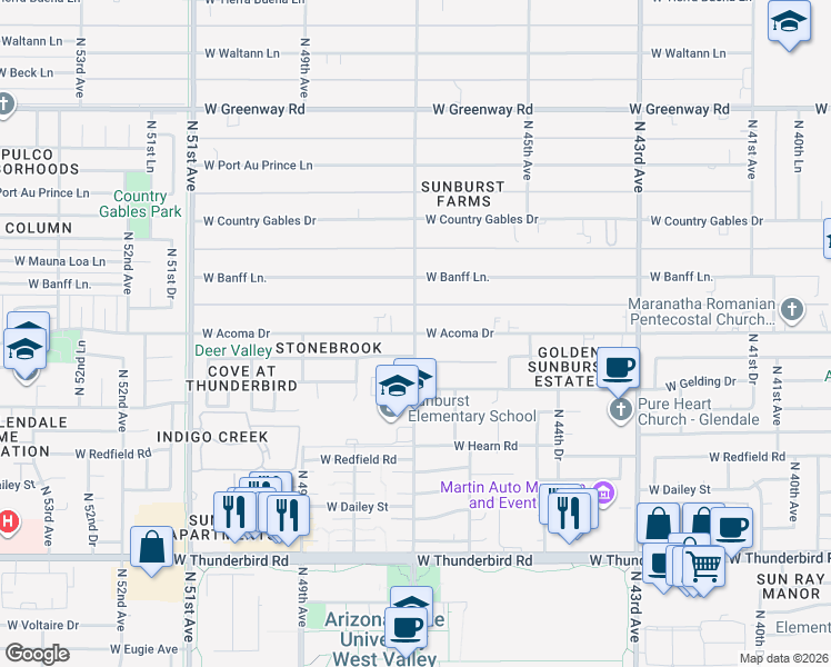 map of restaurants, bars, coffee shops, grocery stores, and more near N 47th Ave & W Acoma Dr in Phoenix