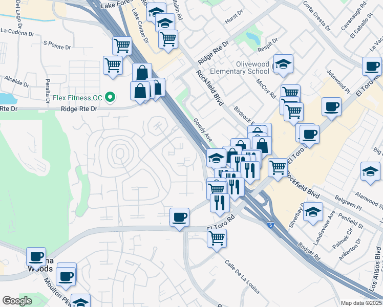 map of restaurants, bars, coffee shops, grocery stores, and more near 2125 Ronda Granada in Laguna Woods