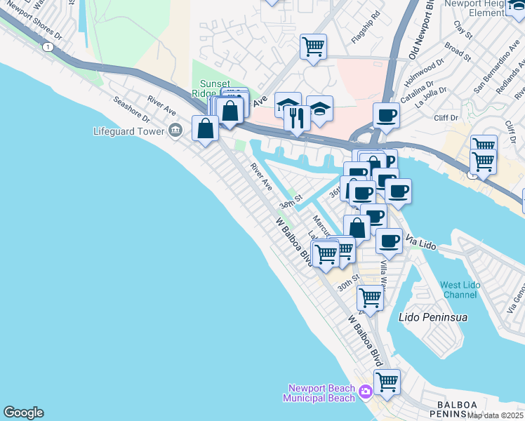 map of restaurants, bars, coffee shops, grocery stores, and more near 122 39th Street in Newport Beach