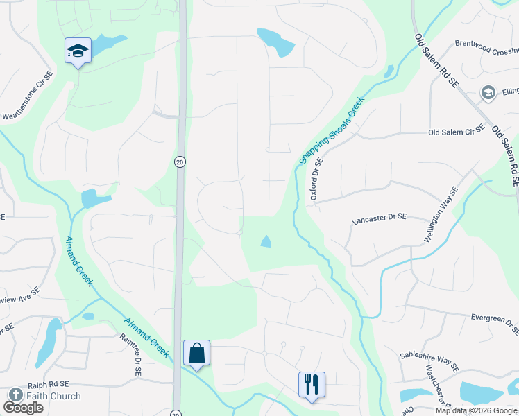 map of restaurants, bars, coffee shops, grocery stores, and more near 1285 Vineyard Drive Southeast in Conyers