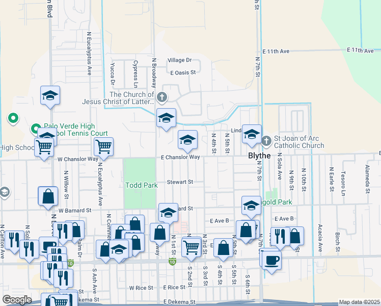 map of restaurants, bars, coffee shops, grocery stores, and more near 301 East Chanslor Way in Blythe