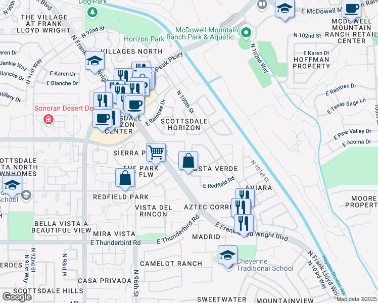 map of restaurants, bars, coffee shops, grocery stores, and more near 14488 North 98th Place in Scottsdale