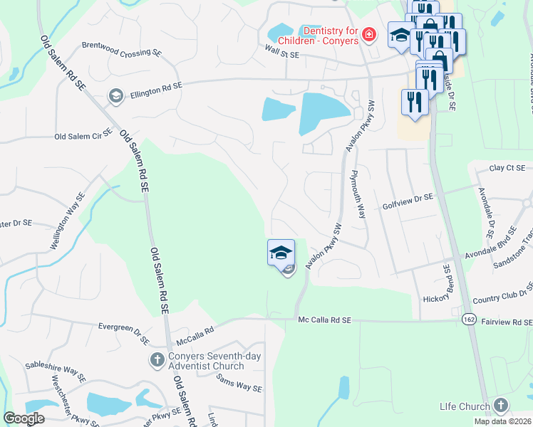 map of restaurants, bars, coffee shops, grocery stores, and more near 3611 Cape Lane Southeast in Conyers