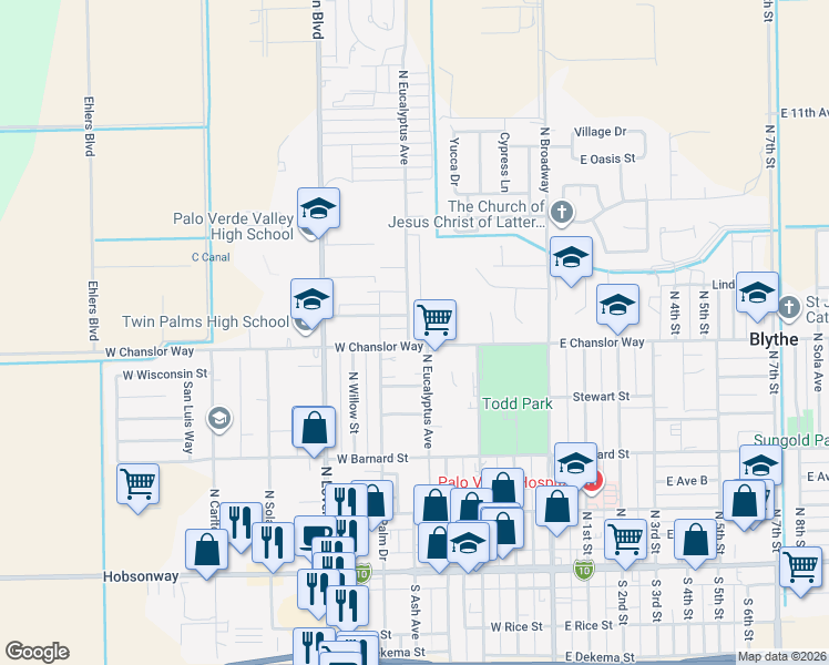 map of restaurants, bars, coffee shops, grocery stores, and more near 518 North Eucalyptus Avenue in Blythe