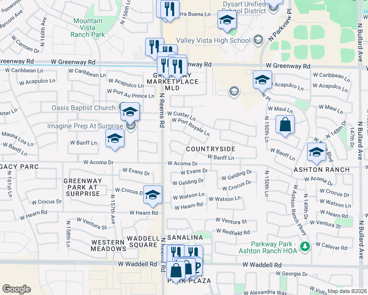 map of restaurants, bars, coffee shops, grocery stores, and more near 15407 West Banff Lane in Surprise