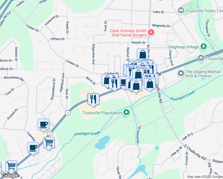 map of restaurants, bars, coffee shops, grocery stores, and more near 412 Main Street in Trussville