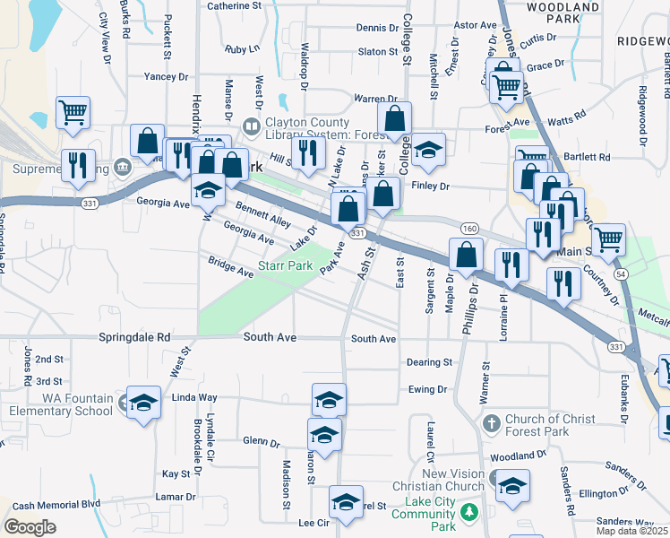 map of restaurants, bars, coffee shops, grocery stores, and more near 5002 Park Avenue in Forest Park