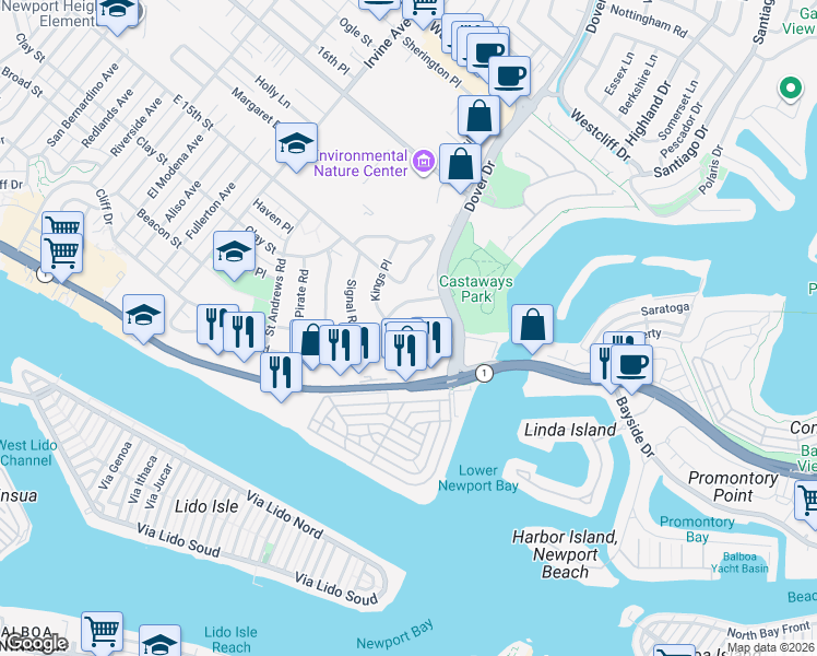 map of restaurants, bars, coffee shops, grocery stores, and more near 225 Kings Road in Newport Beach