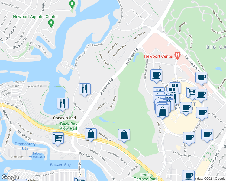 map of restaurants, bars, coffee shops, grocery stores, and more near 85 Ocean Vista in Newport Beach