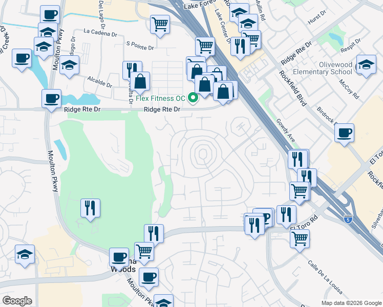 map of restaurants, bars, coffee shops, grocery stores, and more near 2317 Via Puerta in Laguna Woods