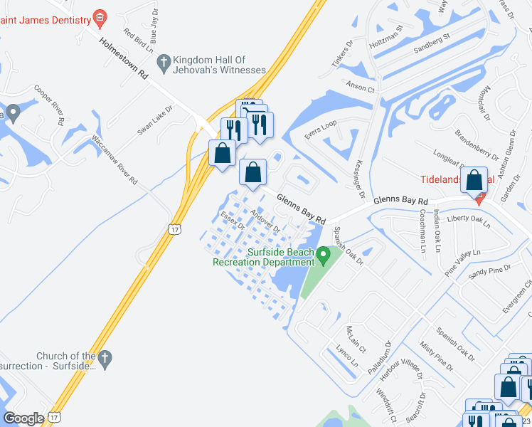 map of restaurants, bars, coffee shops, grocery stores, and more near 8750 Andover Drive in Myrtle Beach