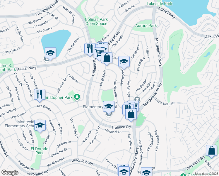 map of restaurants, bars, coffee shops, grocery stores, and more near 27101 Via Oviedo in Mission Viejo