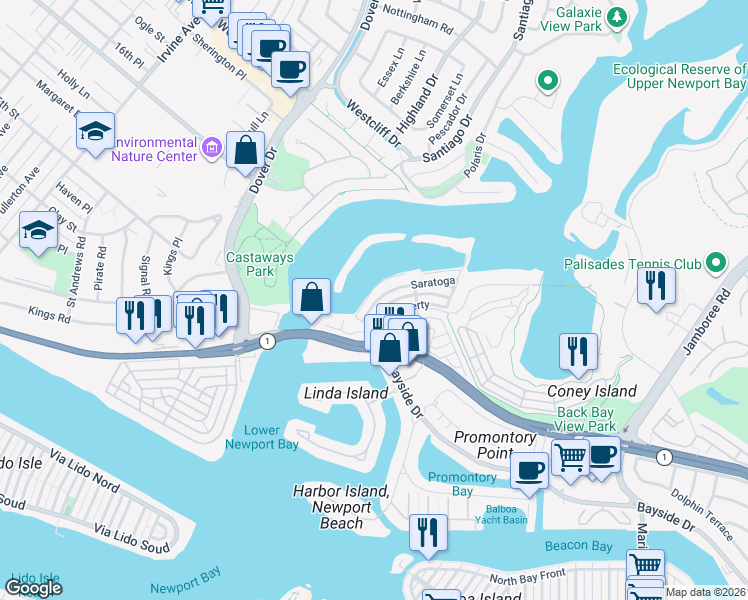 map of restaurants, bars, coffee shops, grocery stores, and more near 11 Saratoga in Newport Beach