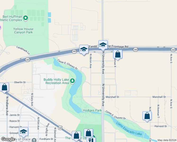map of restaurants, bars, coffee shops, grocery stores, and more near 1450-1598 North Akron Avenue in Lubbock