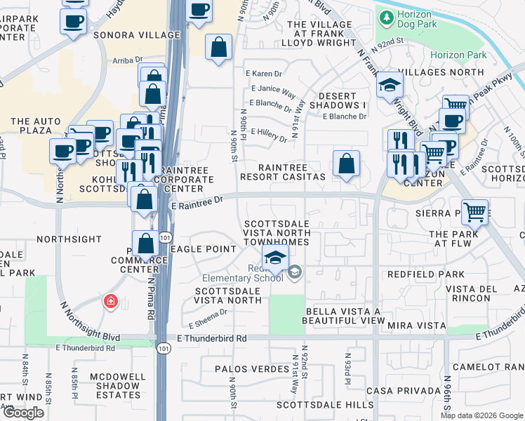map of restaurants, bars, coffee shops, grocery stores, and more near 9091 East Evans Drive in Scottsdale