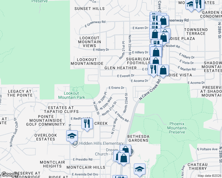 map of restaurants, bars, coffee shops, grocery stores, and more near 2009 East Evans Drive in Phoenix