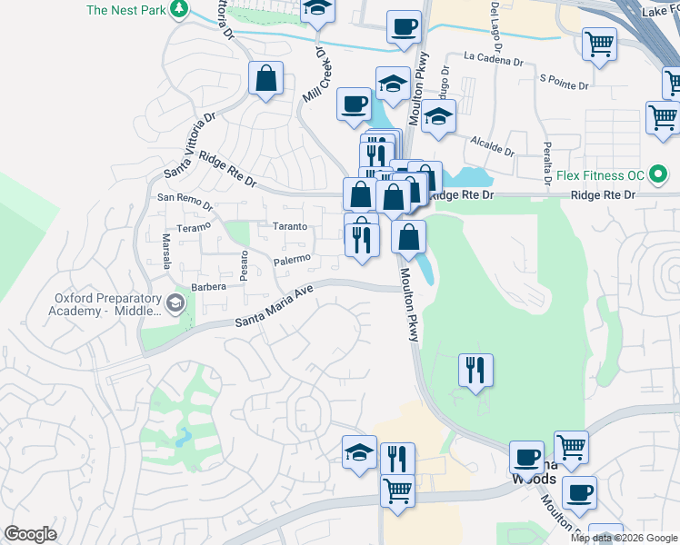 map of restaurants, bars, coffee shops, grocery stores, and more near 23712 San Dona in Laguna Hills