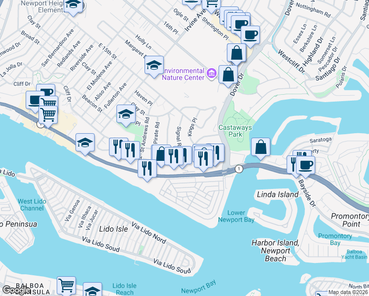map of restaurants, bars, coffee shops, grocery stores, and more near 600 Cliff Drive in Newport Beach