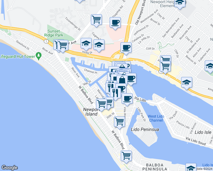 map of restaurants, bars, coffee shops, grocery stores, and more near 502 35th Street in Newport Beach