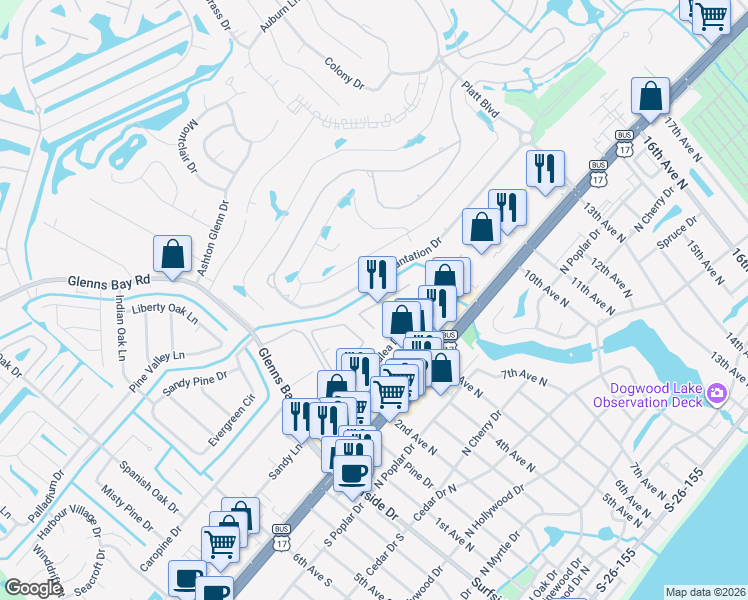 map of restaurants, bars, coffee shops, grocery stores, and more near 2 5th Avenue North in Myrtle Beach