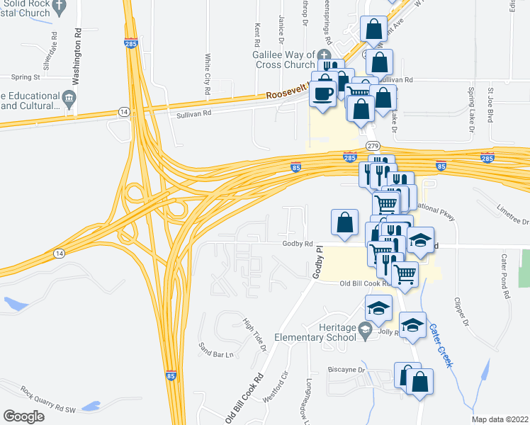map of restaurants, bars, coffee shops, grocery stores, and more near 5063 Windsor Forrest Way in College Park