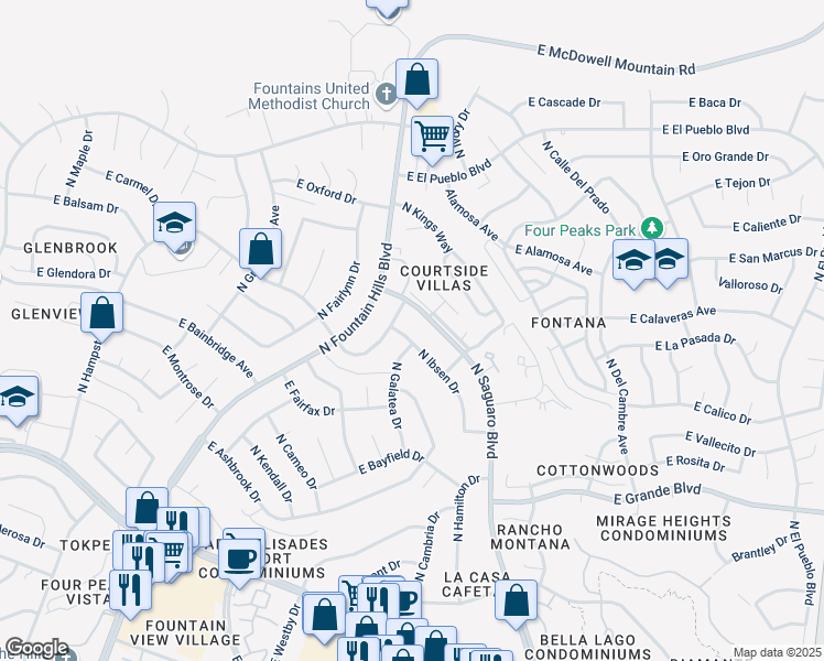 map of restaurants, bars, coffee shops, grocery stores, and more near 14451 North Ibsen Drive in Fountain Hills