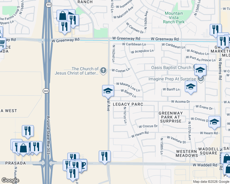 map of restaurants, bars, coffee shops, grocery stores, and more near 16243 West Banff Lane in Surprise