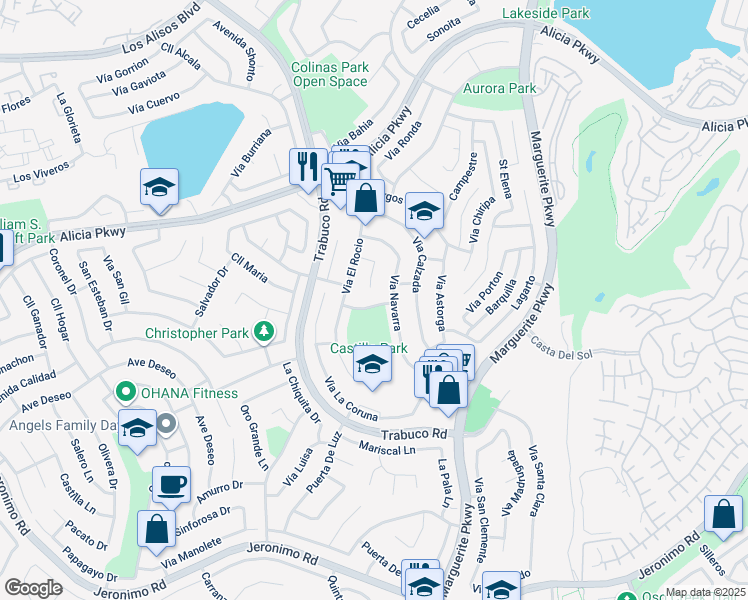 map of restaurants, bars, coffee shops, grocery stores, and more near 27101 Via Oviedo in Mission Viejo