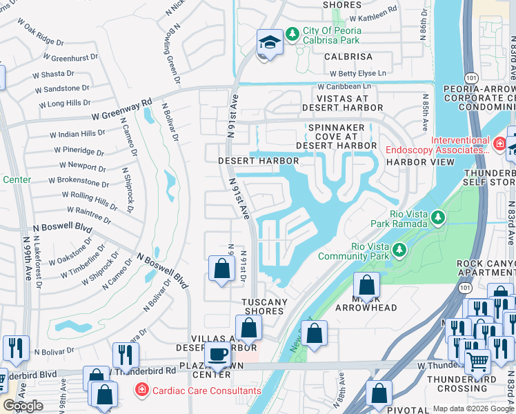 map of restaurants, bars, coffee shops, grocery stores, and more near 9054 West Lisbon Lane in Peoria