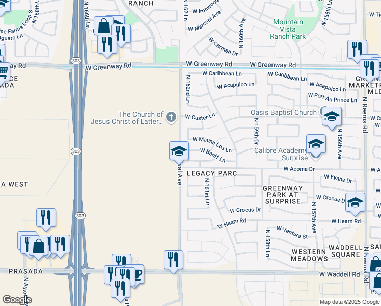 map of restaurants, bars, coffee shops, grocery stores, and more near 16243 West Banff Lane in Surprise