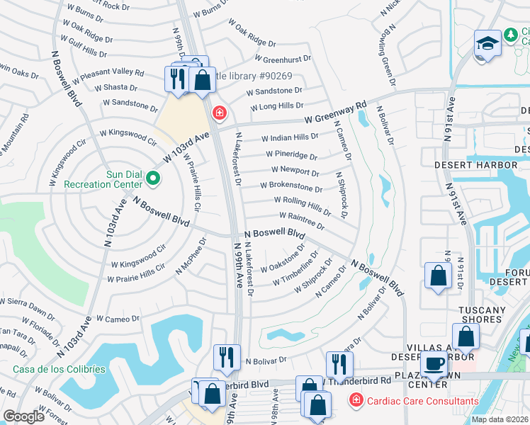 map of restaurants, bars, coffee shops, grocery stores, and more near 9702 West Raintree Drive in Sun City