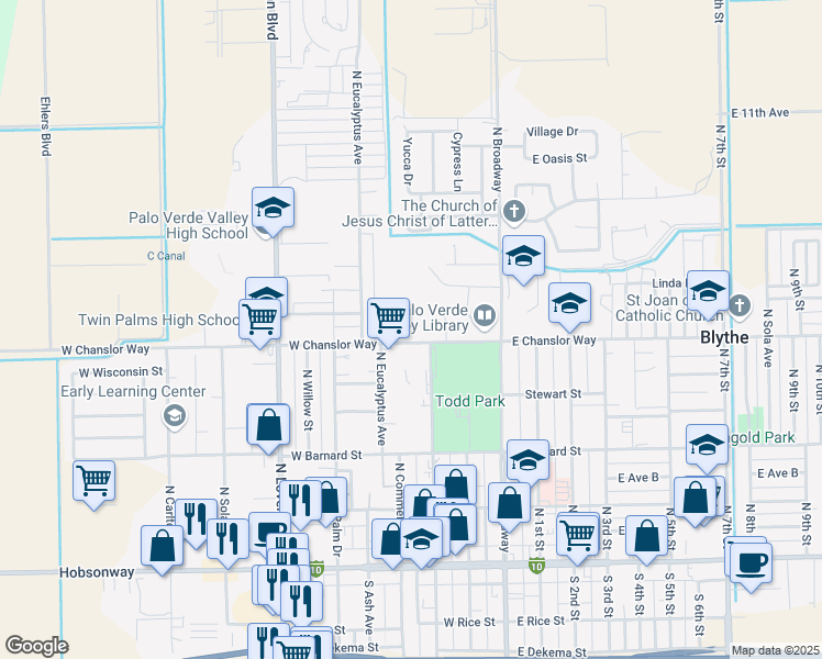 map of restaurants, bars, coffee shops, grocery stores, and more near 333 West Chanslor Way in Blythe