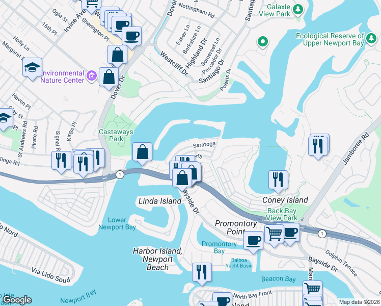 map of restaurants, bars, coffee shops, grocery stores, and more near 113 Yorktown in Newport Beach