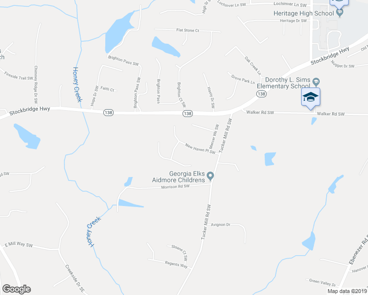 map of restaurants, bars, coffee shops, grocery stores, and more near 2328 New Haven Place Southwest in Conyers