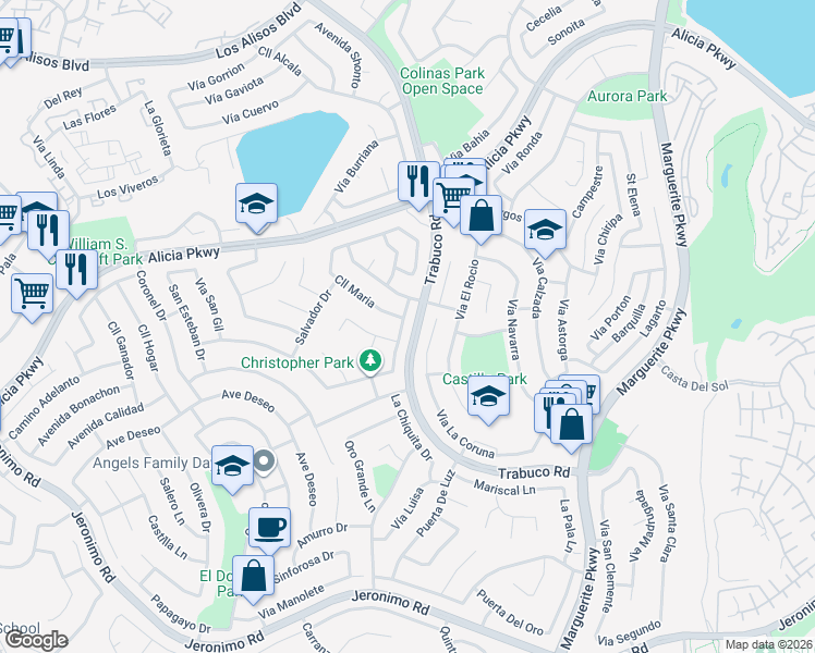 map of restaurants, bars, coffee shops, grocery stores, and more near 23746 Avenida Columbia in Mission Viejo