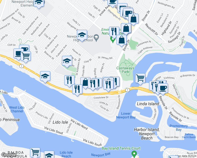 map of restaurants, bars, coffee shops, grocery stores, and more near 600 Cliff Drive in Newport Beach