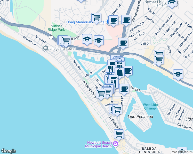 map of restaurants, bars, coffee shops, grocery stores, and more near 3602 1/2 Marcus Avenue in Newport Beach