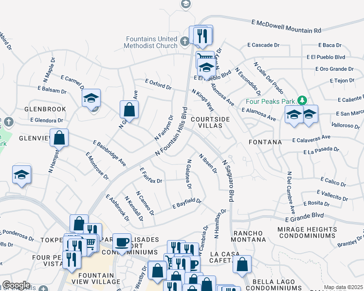 map of restaurants, bars, coffee shops, grocery stores, and more near 14458 North Sherwood Drive in Fountain Hills