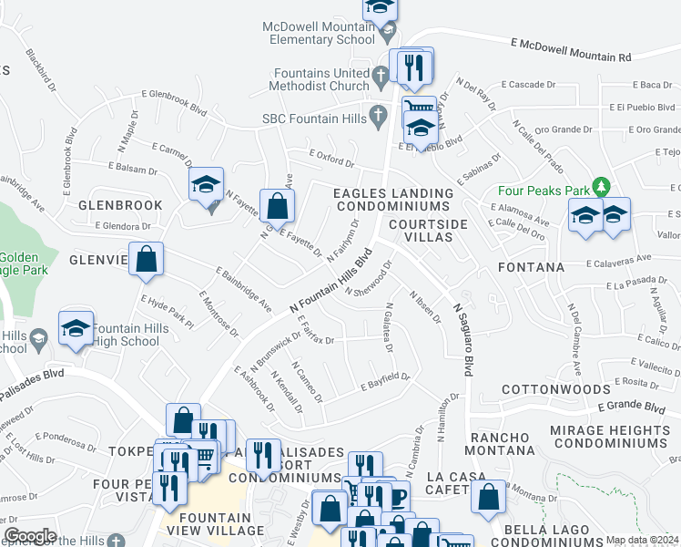 map of restaurants, bars, coffee shops, grocery stores, and more near 14440 North Fountain Hills Boulevard in Fountain Hills