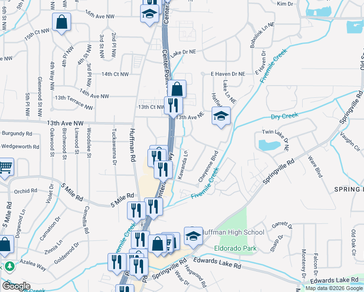 map of restaurants, bars, coffee shops, grocery stores, and more near 1145 Kawanda Lane in Birmingham