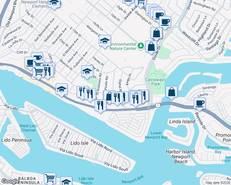 map of restaurants, bars, coffee shops, grocery stores, and more near 830 Cliff Drive in Newport Beach
