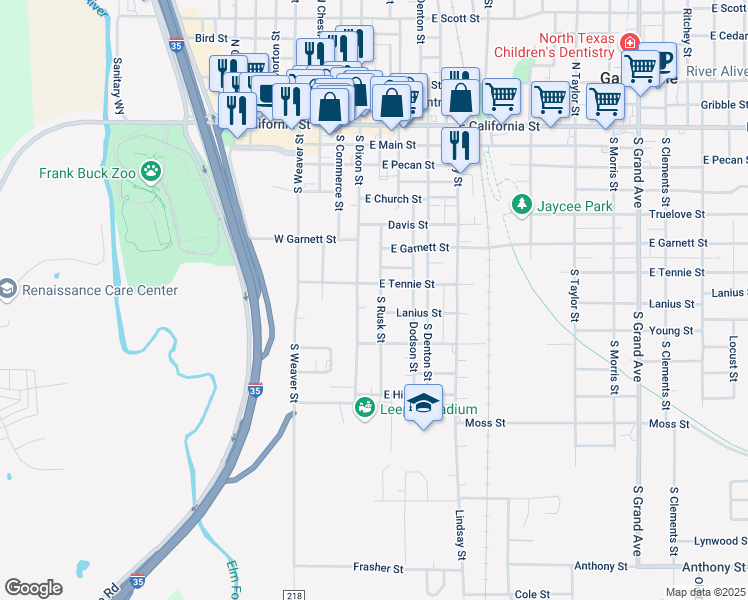 map of restaurants, bars, coffee shops, grocery stores, and more near 715 South Rusk Street in Gainesville