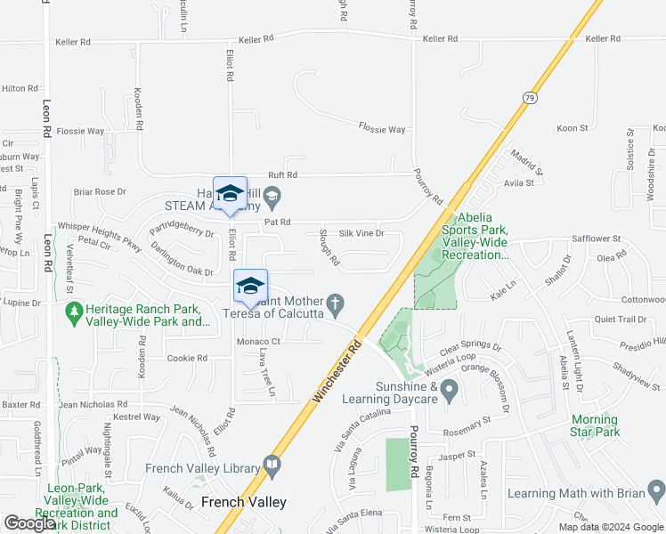 map of restaurants, bars, coffee shops, grocery stores, and more near 34633 Slough Road in Winchester