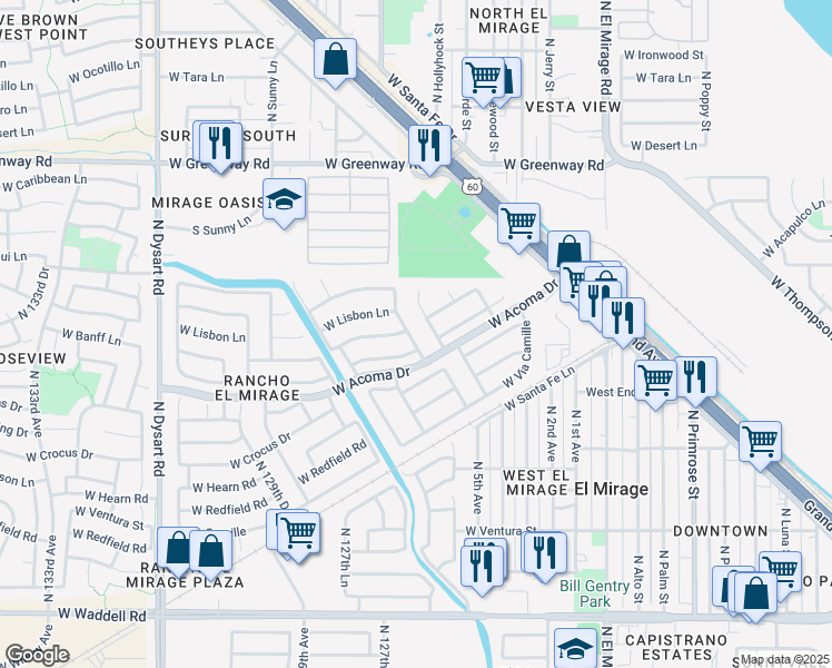map of restaurants, bars, coffee shops, grocery stores, and more near 14725 North 125th Avenue in El Mirage