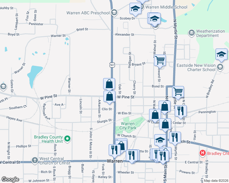 map of restaurants, bars, coffee shops, grocery stores, and more near 408 North Martin Street in Warren