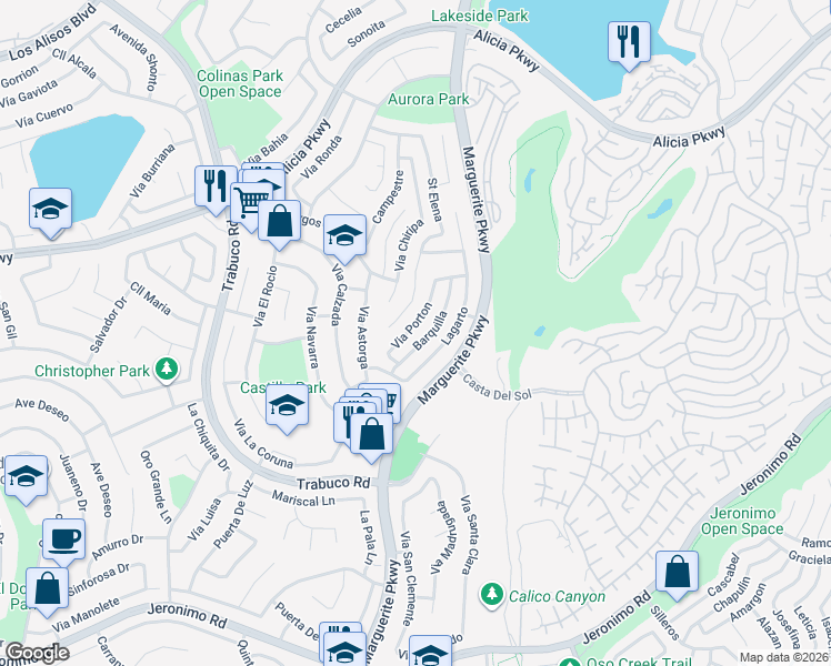 map of restaurants, bars, coffee shops, grocery stores, and more near 23772 Barquilla in Mission Viejo