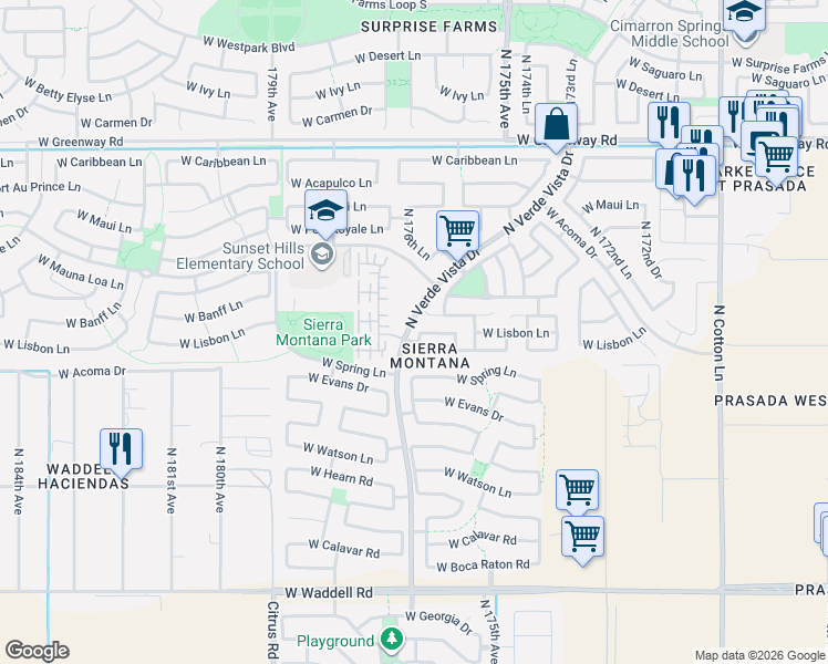 map of restaurants, bars, coffee shops, grocery stores, and more near 14714 North 176th Lane in Surprise