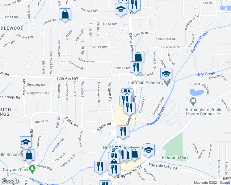 map of restaurants, bars, coffee shops, grocery stores, and more near 1259 Huffman Road in Center Point